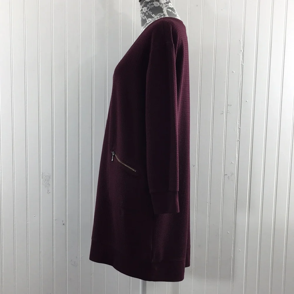 J. Jill Maroon Waffle Knit Tunic Top Womens Medium Petite V Neck Long Sleeve - Picture 4 of 11